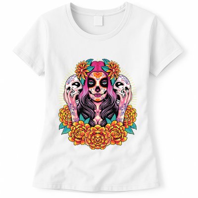 La Catrina Skull Flowers Dia De Los Muertos Womens T-Shirt