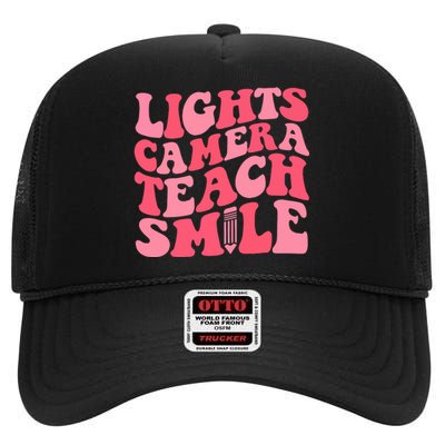 Lights Camera Teacher Smile High Crown Mesh Back Trucker Hat