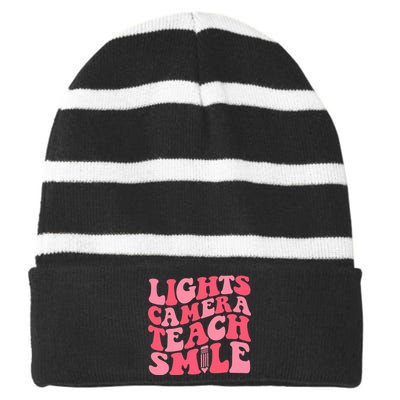 Lights Camera Teacher Smile Striped Beanie with Solid Band