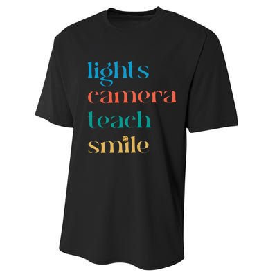 Lights Camera Teacher Smile Funny Teacher Performance Sprint T-Shirt