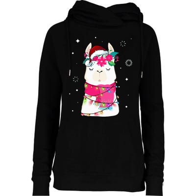 Llama Christmas Tree Lights Santa Hat Xmas Gifts Womens Funnel Neck Pullover Hood