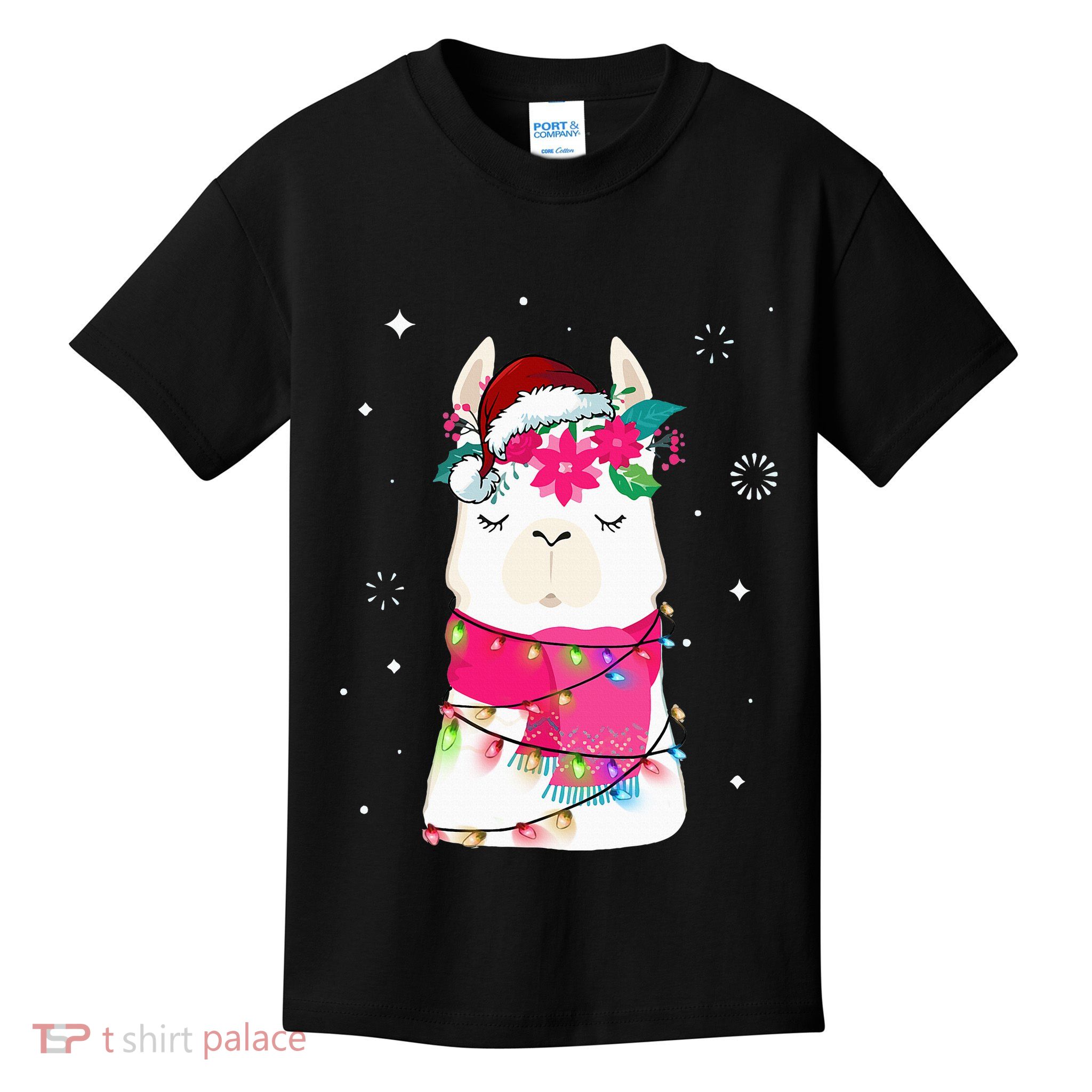 Llama Christmas Tree Lights Santa Hat Xmas Gifts Kids T-Shirt