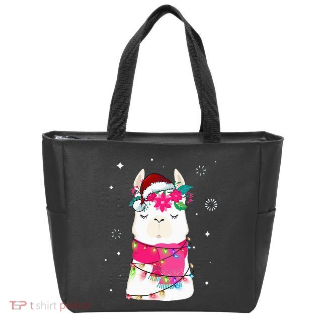 Llama Christmas Tree Lights Santa Hat Xmas Gifts Zip Tote Bag