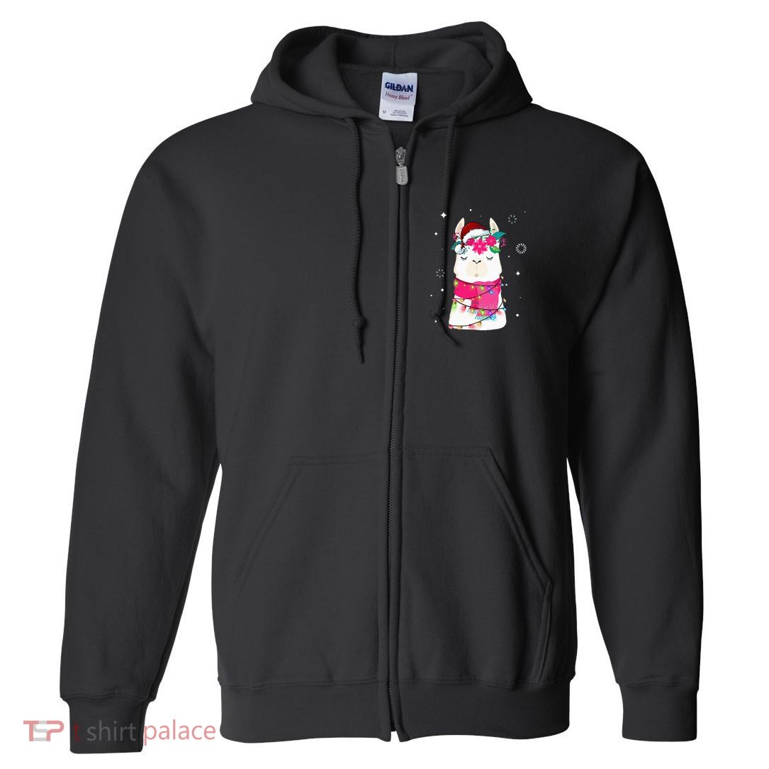Llama Christmas Tree Lights Santa Hat Xmas Gifts Full Zip Hoodie