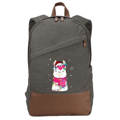 Llama Christmas Tree Lights Santa Hat Xmas Gifts Cotton Canvas Backpack