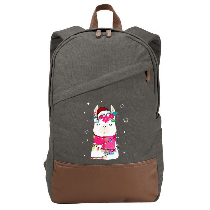 Llama Christmas Tree Lights Santa Hat Xmas Gifts Cotton Canvas Backpack