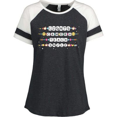 Lights Camera Teach Smile Enza Ladies Jersey Colorblock Tee