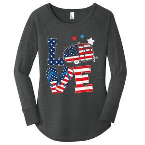 Love Camping USA Flag 4th Of July Flip Flop Camper Patriotic Women's Perfect Tri Tunic Long Sleeve Shirt