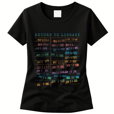 Library Card Vintage Book Due Date Bookish Rainbow Womens T-Shirt