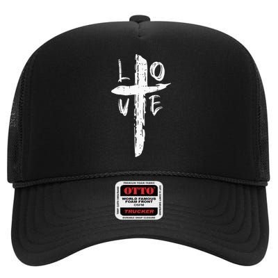 Love Cross Valentines Day Cool Religious Christian High Crown Mesh Back Trucker Hat