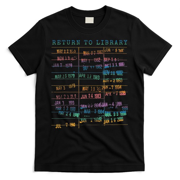 Library Card Vintage Book Due Date Bookish Rainbow Reading T-Shirt