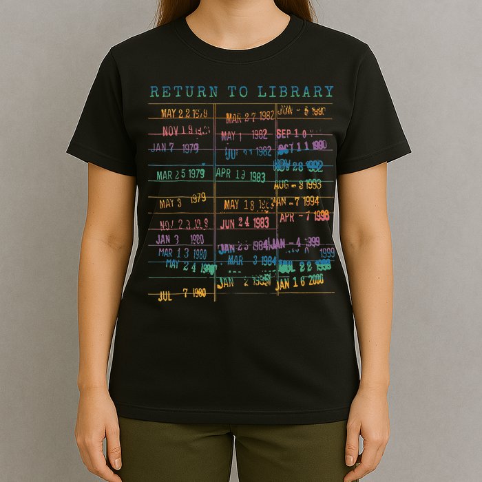Library Card Vintage Book Due Date Bookish Rainbow Reading T-Shirt