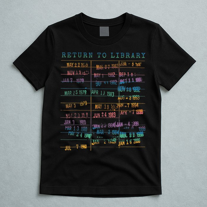 Library Card Vintage Book Due Date Bookish Rainbow Reading T-Shirt