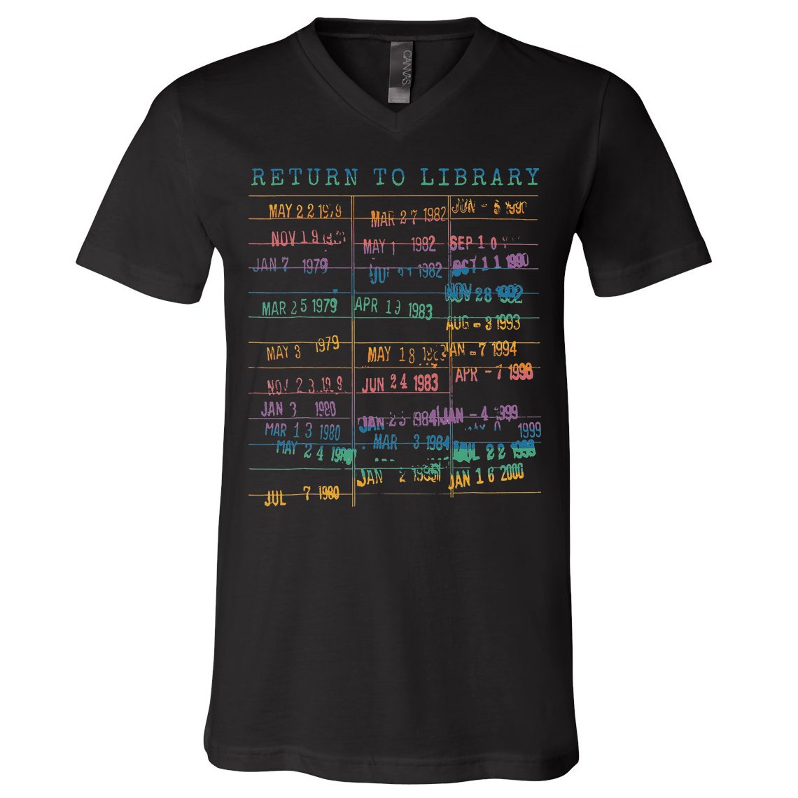 Library Card Vintage Book Due Date Bookish Rainbow Reading V-Neck T-Shirt