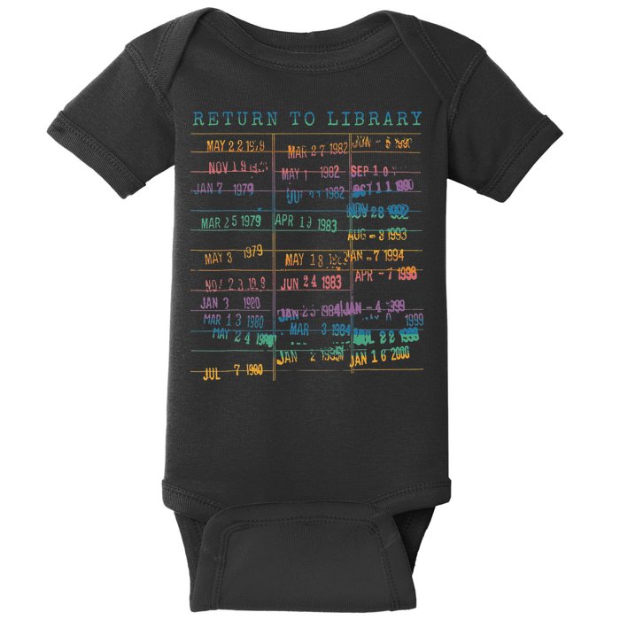 Library Card Vintage Book Due Date Bookish Rainbow Reading Baby Bodysuit