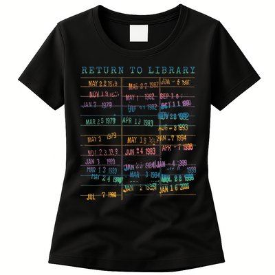Library Card Vintage Book Due Date Bookish Rainbow Reading Womens T-Shirt
