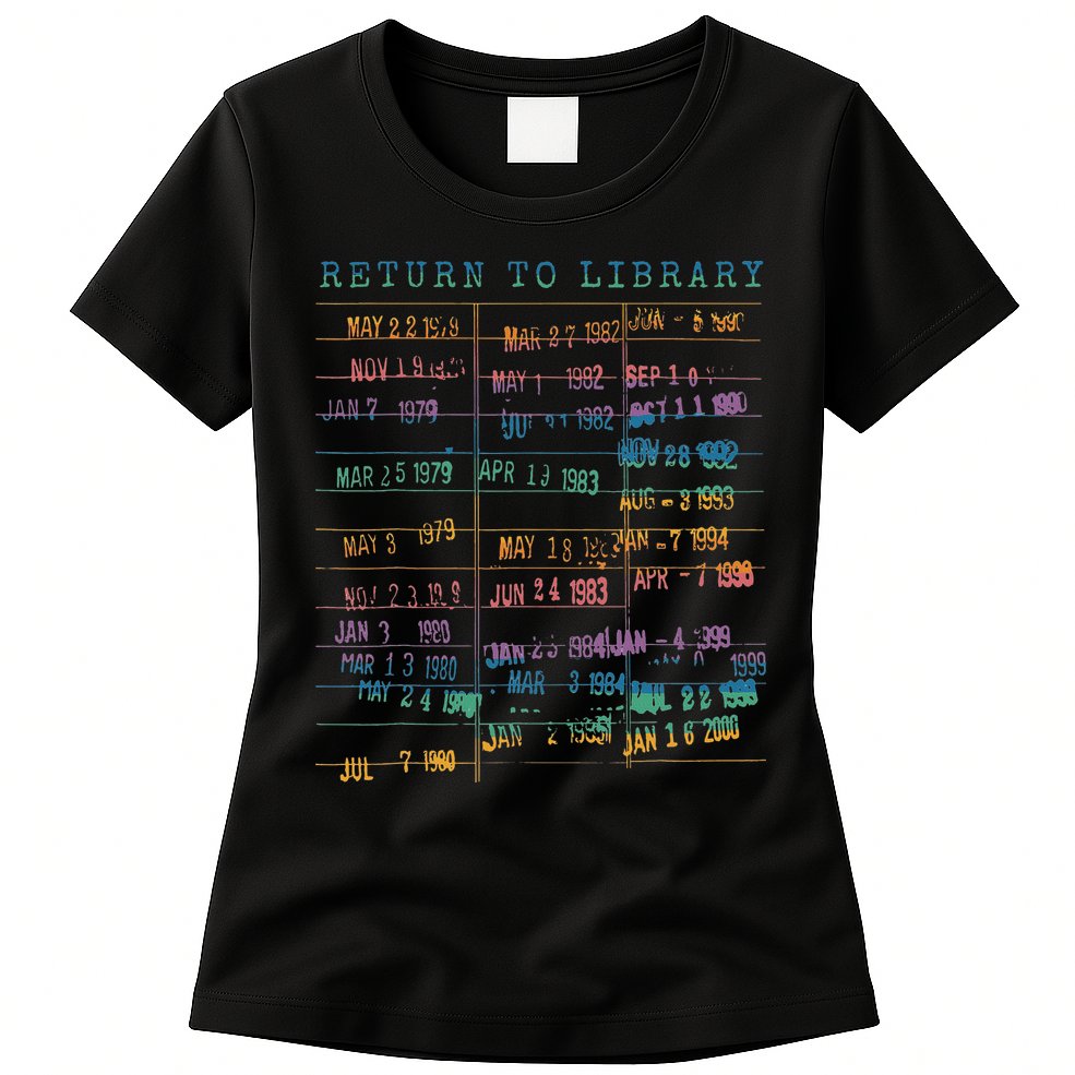 Library Card Vintage Book Due Date Bookish Rainbow Reading Womens T-Shirt