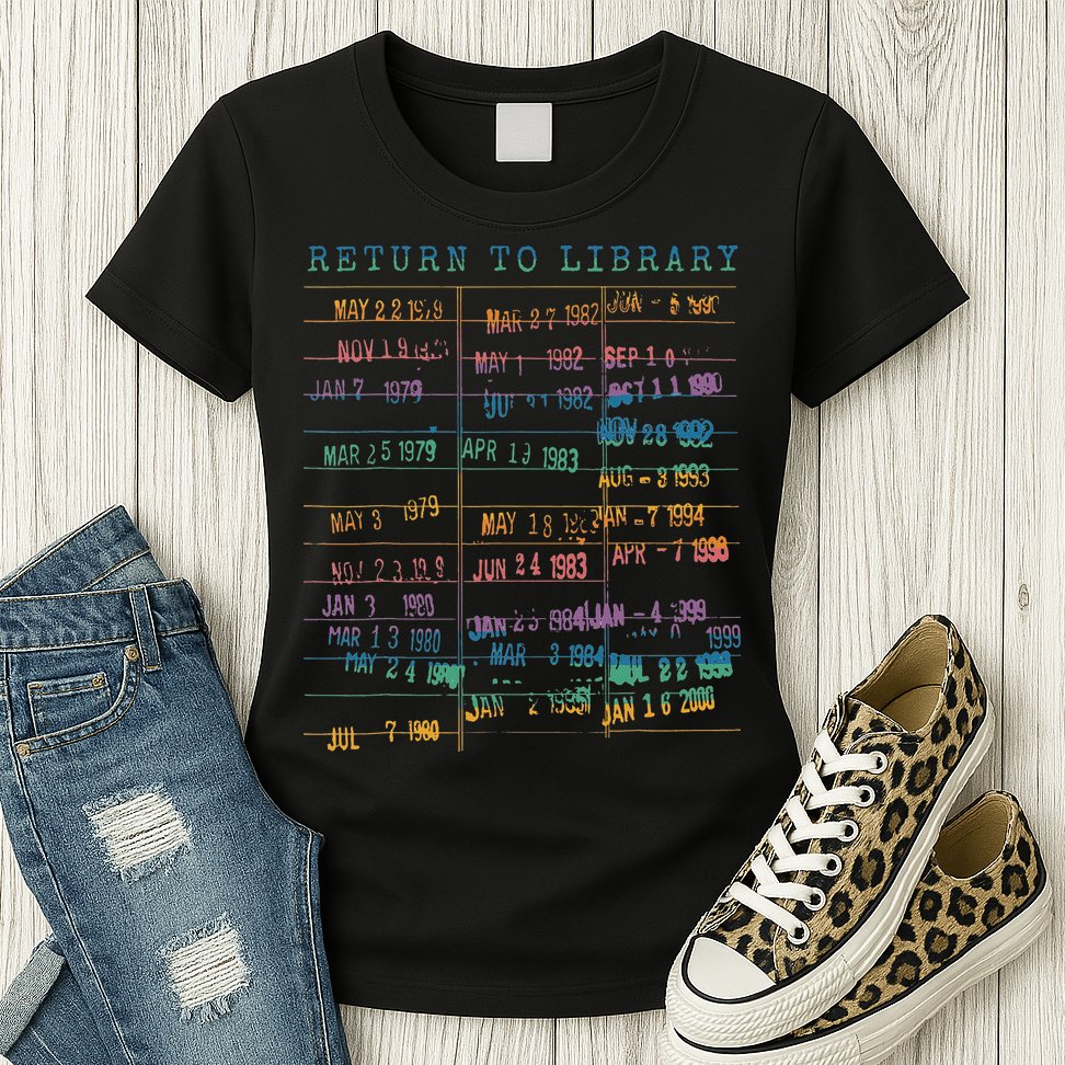 Library Card Vintage Book Due Date Bookish Rainbow Reading Womens T-Shirt