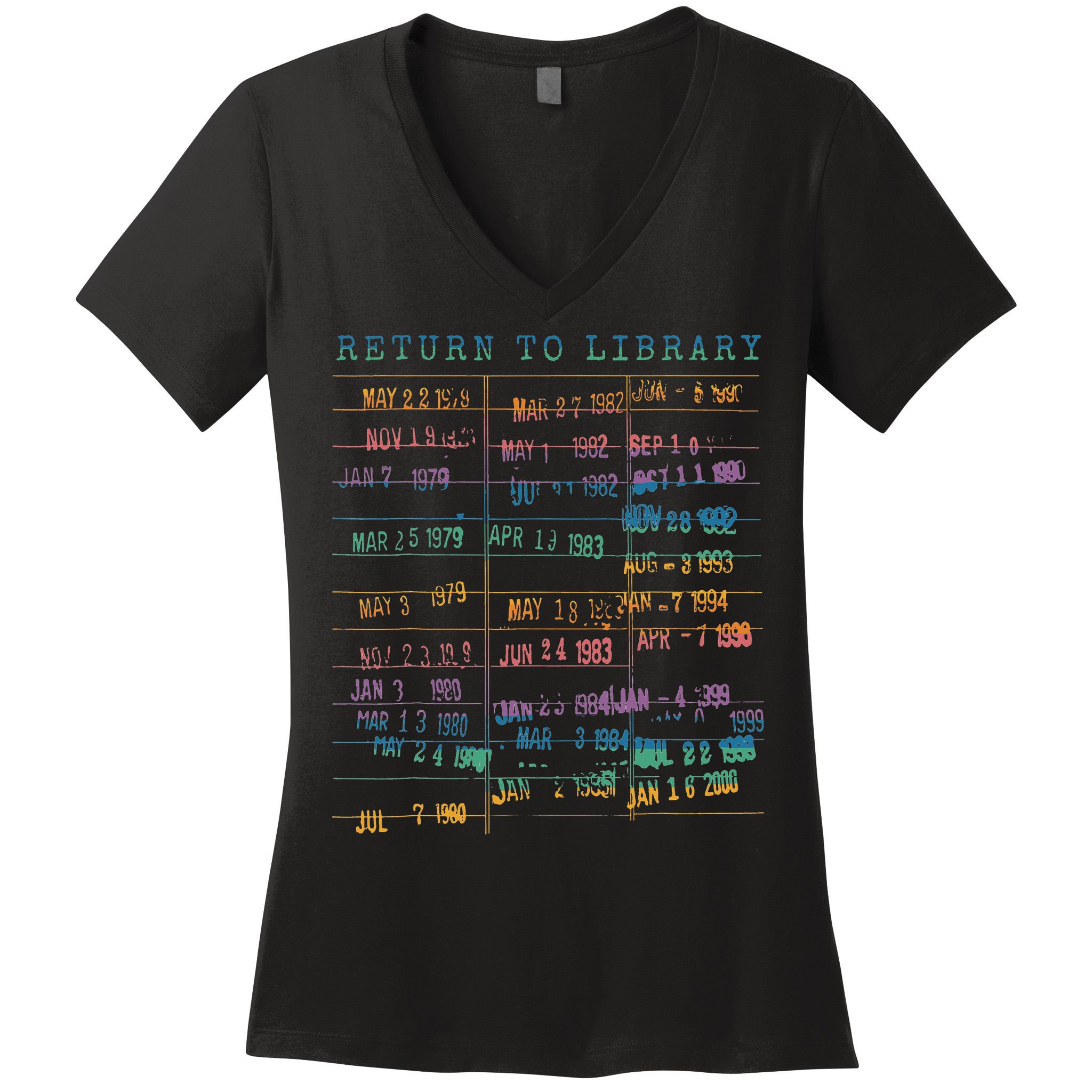 Library Card Vintage Book Due Date Bookish Rainbow Reading Women's V-Neck T-Shirt