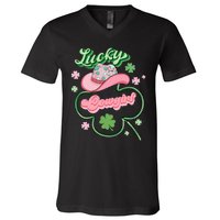 Lucky Cowgirl Western St Patricks Day Women Cowboy Hat V-Neck T-Shirt