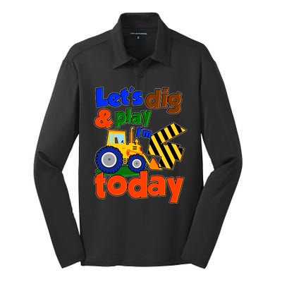 Let's Dig And Play I'm 4 Four Today 4th Birthday Party Excavator Silk Touch Performance Long Sleeve Polo