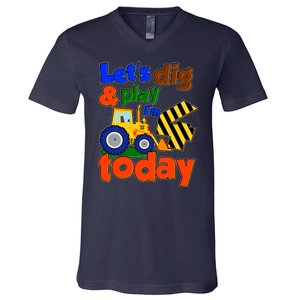 Let's Dig And Play I'm 4 Four Today 4th Birthday Party Excavator V-Neck T-Shirt