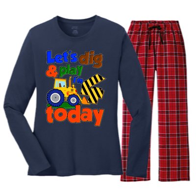 Let's Dig And Play I'm 4 Four Today 4th Birthday Party Excavator Women's Long Sleeve Flannel Pajama Set 