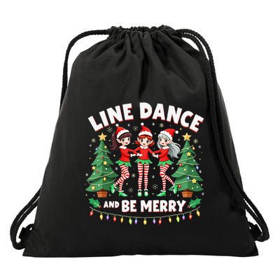 Line Dance And Be Merry Xmas Cute Elf Dancers Graphic Drawstring Bag