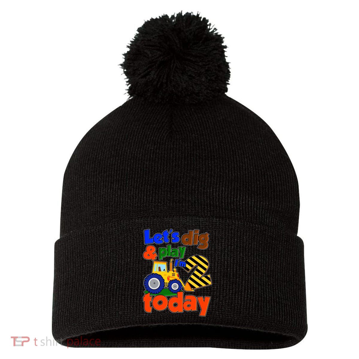 Let's Dig And Play I'm 2 Two Today 2nd Birthday Party Excavator Pom Pom 12in Knit Beanie