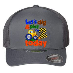 Let's Dig And Play I'm 2 Two Today 2nd Birthday Party Excavator Flexfit Unipanel Trucker Cap