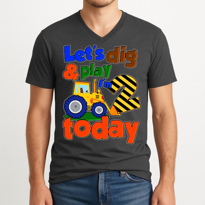 Let's Dig And Play I'm 2 Two Today 2nd Birthday Party Excavator V-Neck T-Shirt