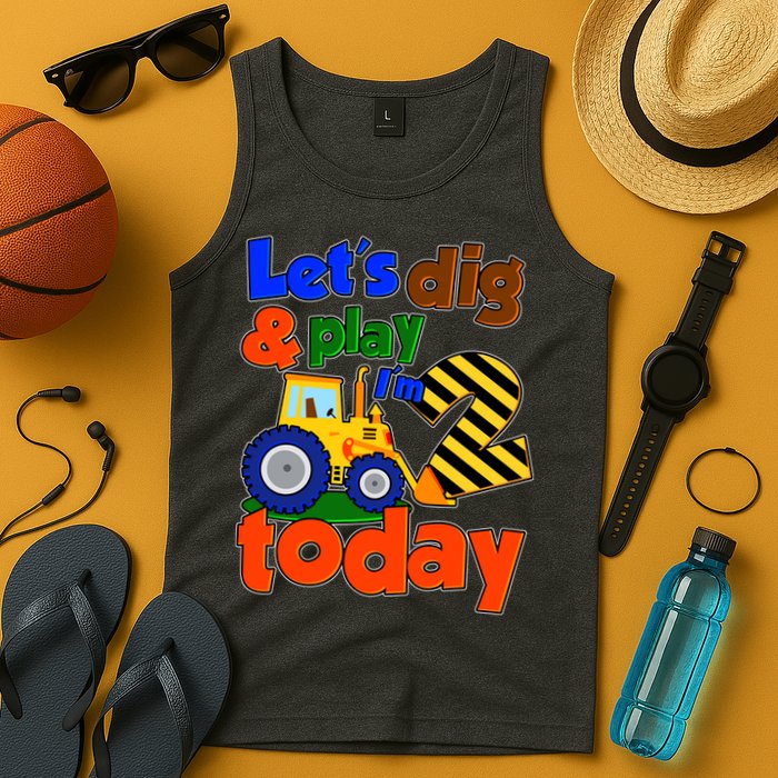 Let's Dig And Play I'm 2 Two Today 2nd Birthday Party Excavator Tank Top
