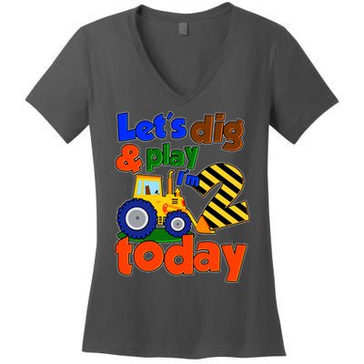 Let's Dig And Play I'm 2 Two Today 2nd Birthday Party Excavator Women's V-Neck T-Shirt