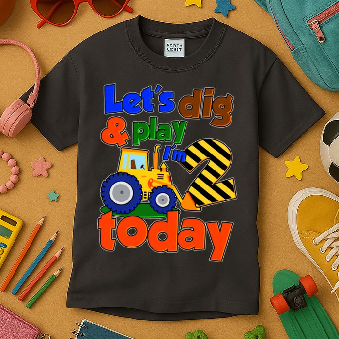 Let's Dig And Play I'm 2 Two Today 2nd Birthday Party Excavator Kids T-Shirt