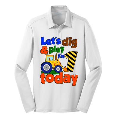 Let's Dig And Play I'm 1 One Today 1st Birthday Party Excavator Silk Touch Performance Long Sleeve Polo