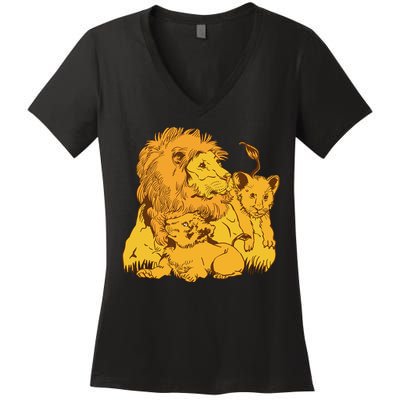Lion Dad And Babies Women's V-Neck T-Shirt