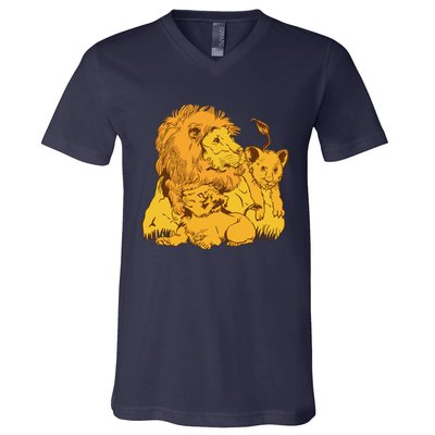 Lion Dad And Babies V-Neck T-Shirt