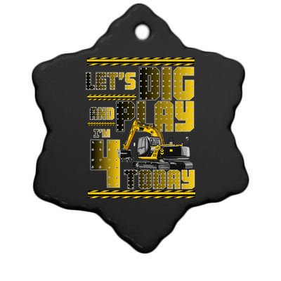 Let's Dig And Play I'm 4 Today 4th Birthday Party Excavator Ceramic Star Ornament