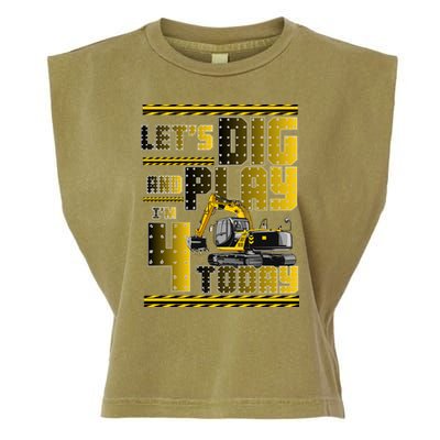 Let's Dig And Play I'm 4 Today 4th Birthday Party Excavator Garment-Dyed Women's Muscle Tee