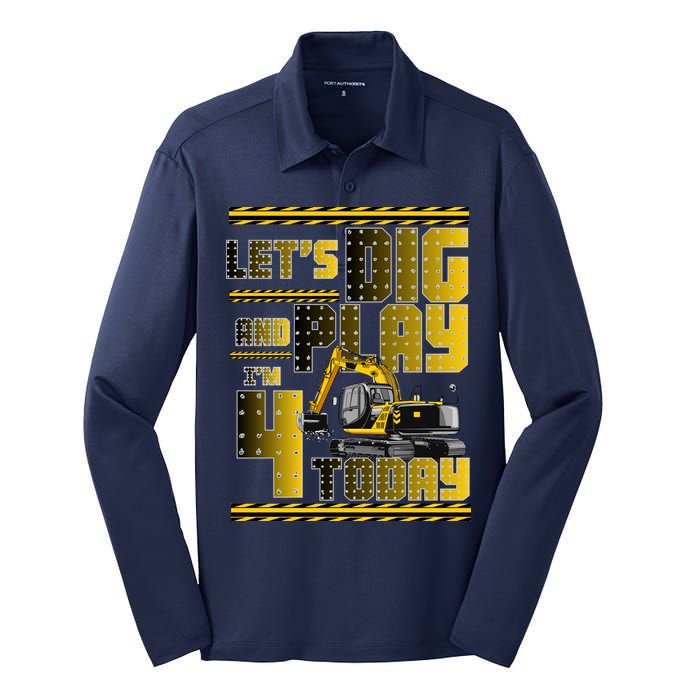 Let's Dig And Play I'm 4 Today 4th Birthday Party Excavator Silk Touch Performance Long Sleeve Polo