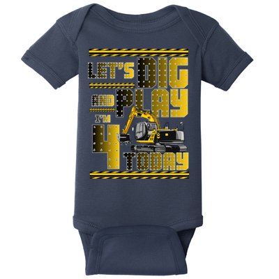 Let's Dig And Play I'm 4 Today 4th Birthday Party Excavator Baby Bodysuit