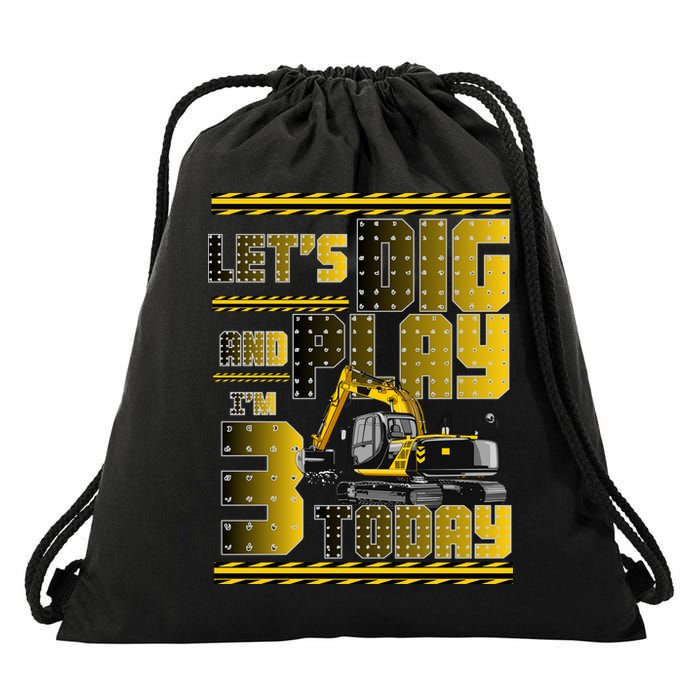 Let's Dig And Play I'm 3 Today 3rd Birthday Party Excavator Drawstring Bag