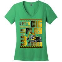 Let's Dig And Play I'm 3 Today 3rd Birthday Party Excavator Women's V-Neck T-Shirt