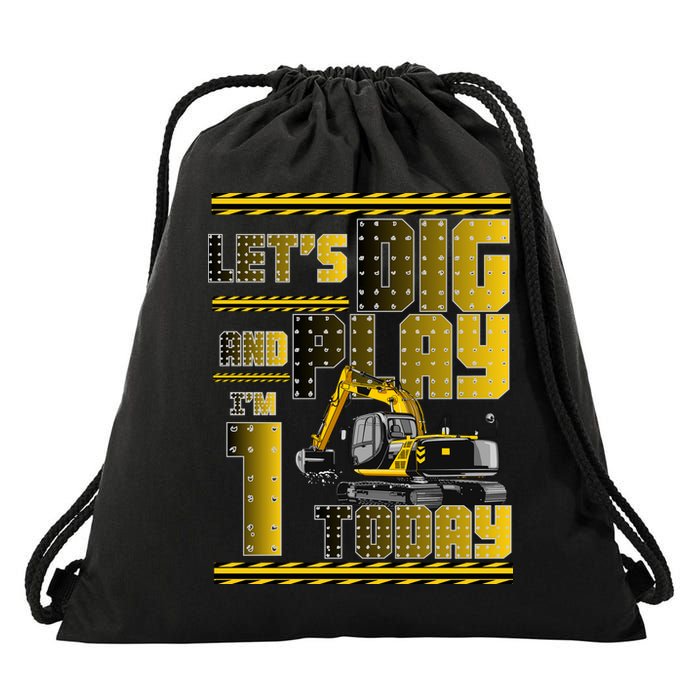 Let's Dig And Play I'm 1 Today 1st Birthday Party Excavator Drawstring Bag