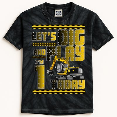 Let's Dig And Play I'm 1 Today 1st Birthday Party Excavator Kids Tie-Dye T-Shirt