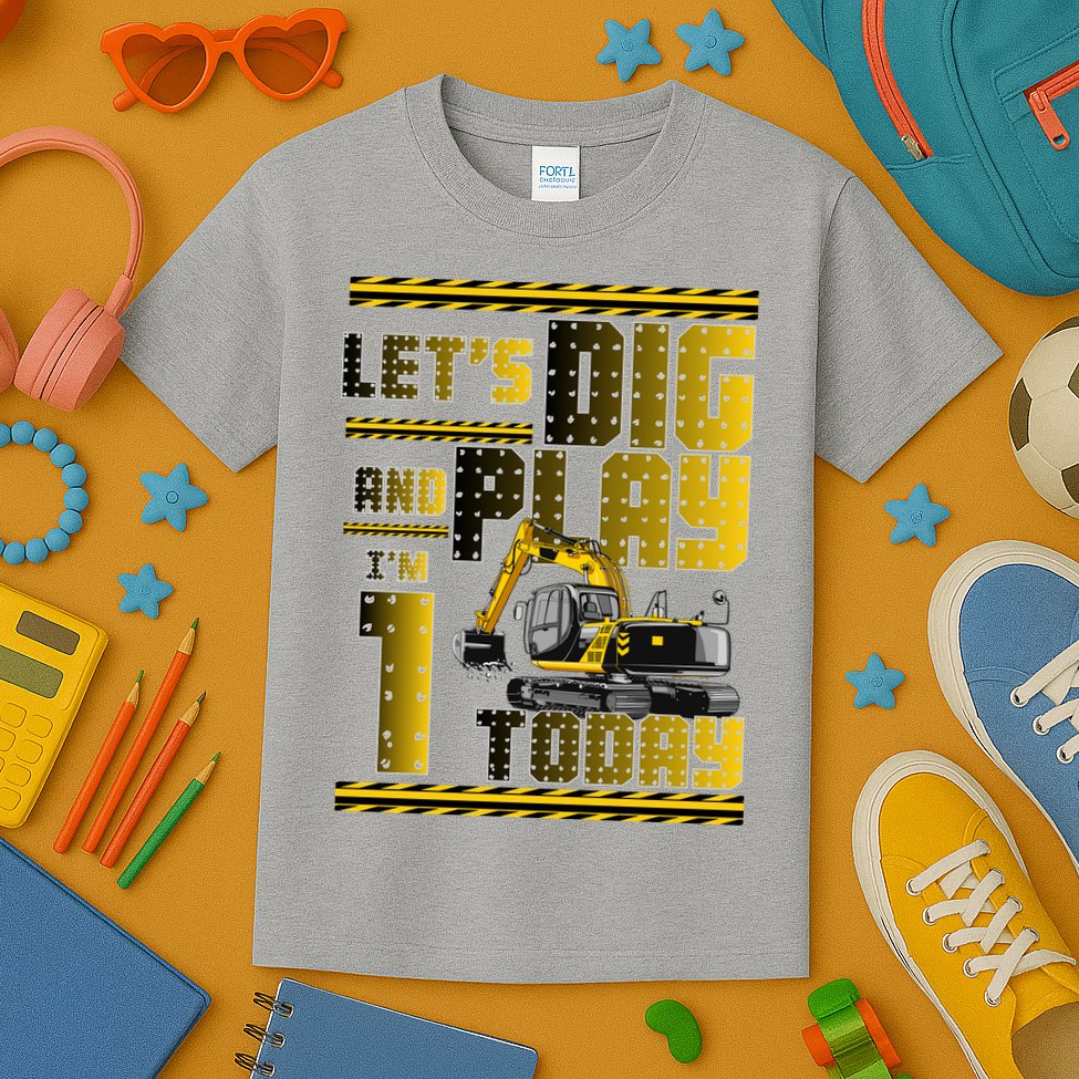 Let's Dig And Play I'm 1 Today 1st Birthday Party Excavator Kids T-Shirt
