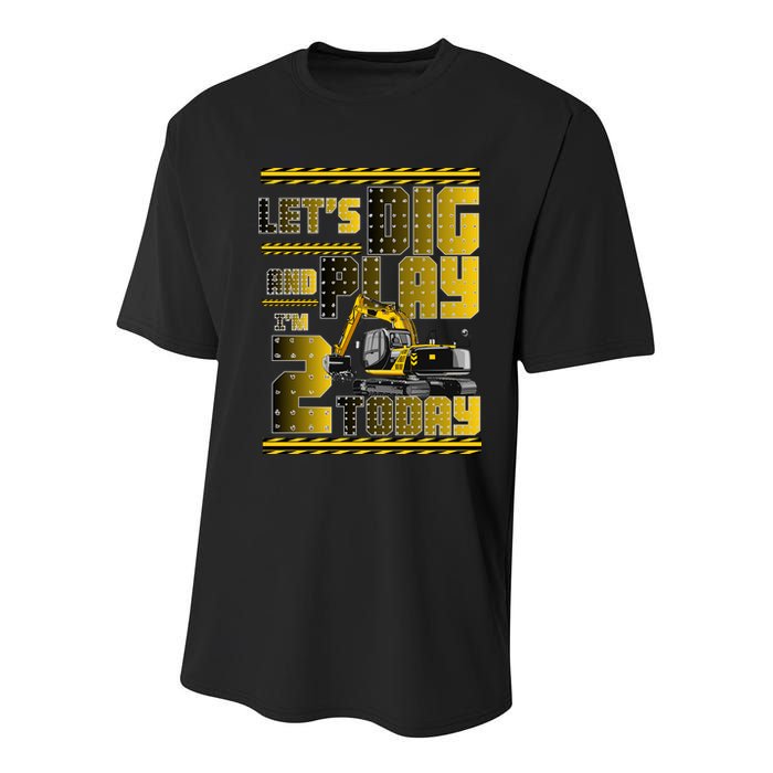 Let's Dig And Play I'm 2 Today 2nd Birthday Party Excavator Youth Performance Sprint T-Shirt