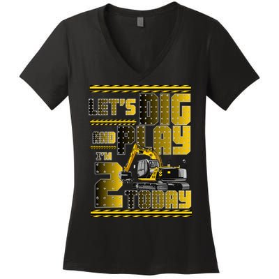 Let's Dig And Play I'm 2 Today 2nd Birthday Party Excavator Women's V-Neck T-Shirt