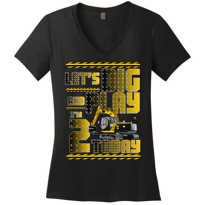 Let's Dig And Play I'm 2 Today 2nd Birthday Party Excavator Women's V-Neck T-Shirt