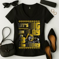 Let's Dig And Play I'm 2 Today 2nd Birthday Party Excavator Women's V-Neck T-Shirt